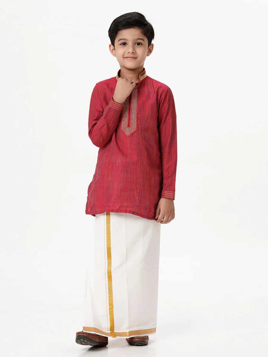 Boys Emerald Full Sleeves Red Kurta with Dhoti Combo - Image 2