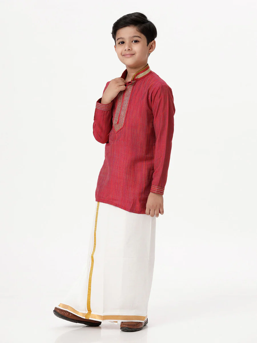 Boys Emerald Full Sleeves Red Kurta with Dhoti Combo - Image 3