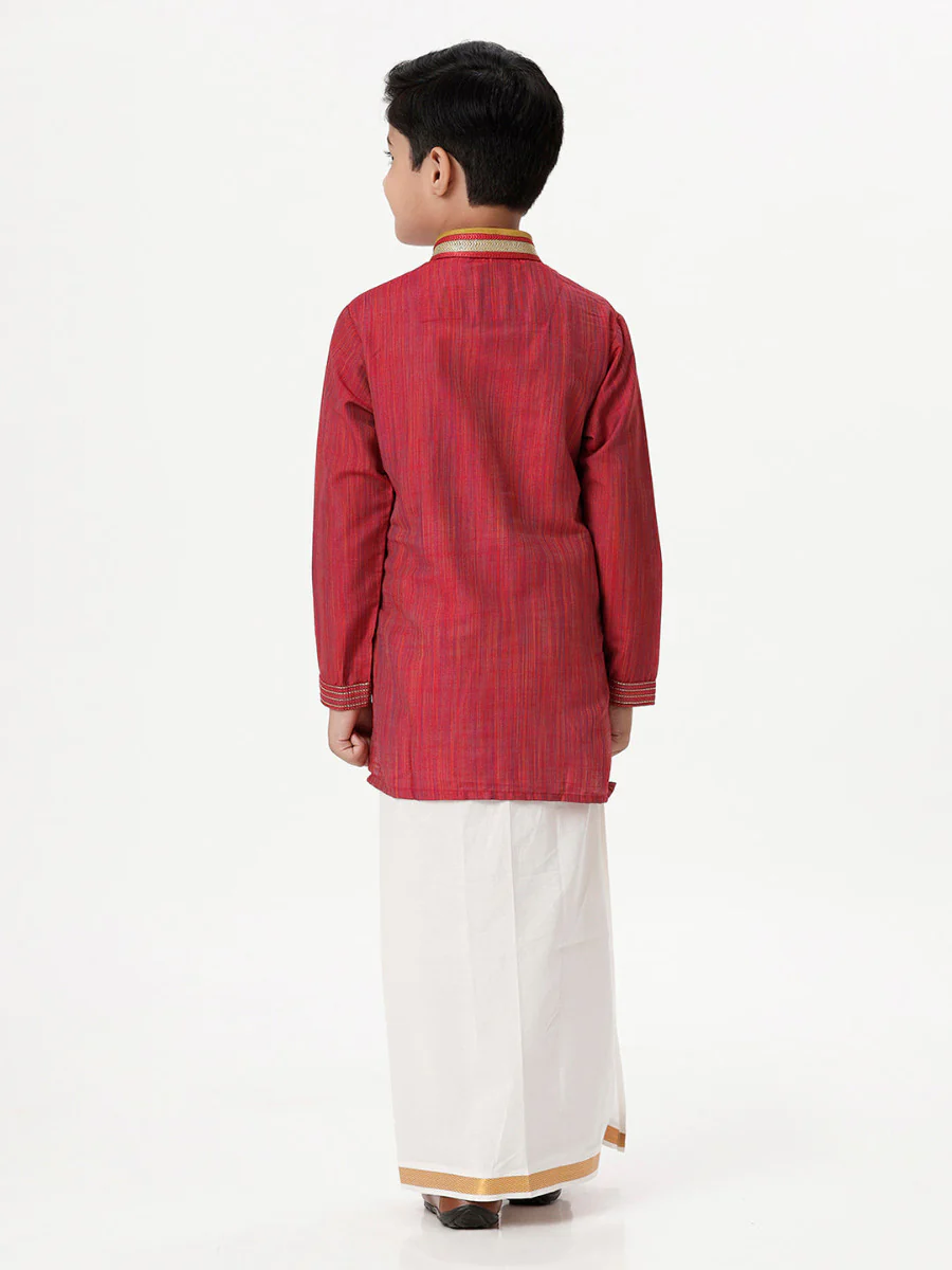 Boys Emerald Full Sleeves Red Kurta with Dhoti Combo - Image 4