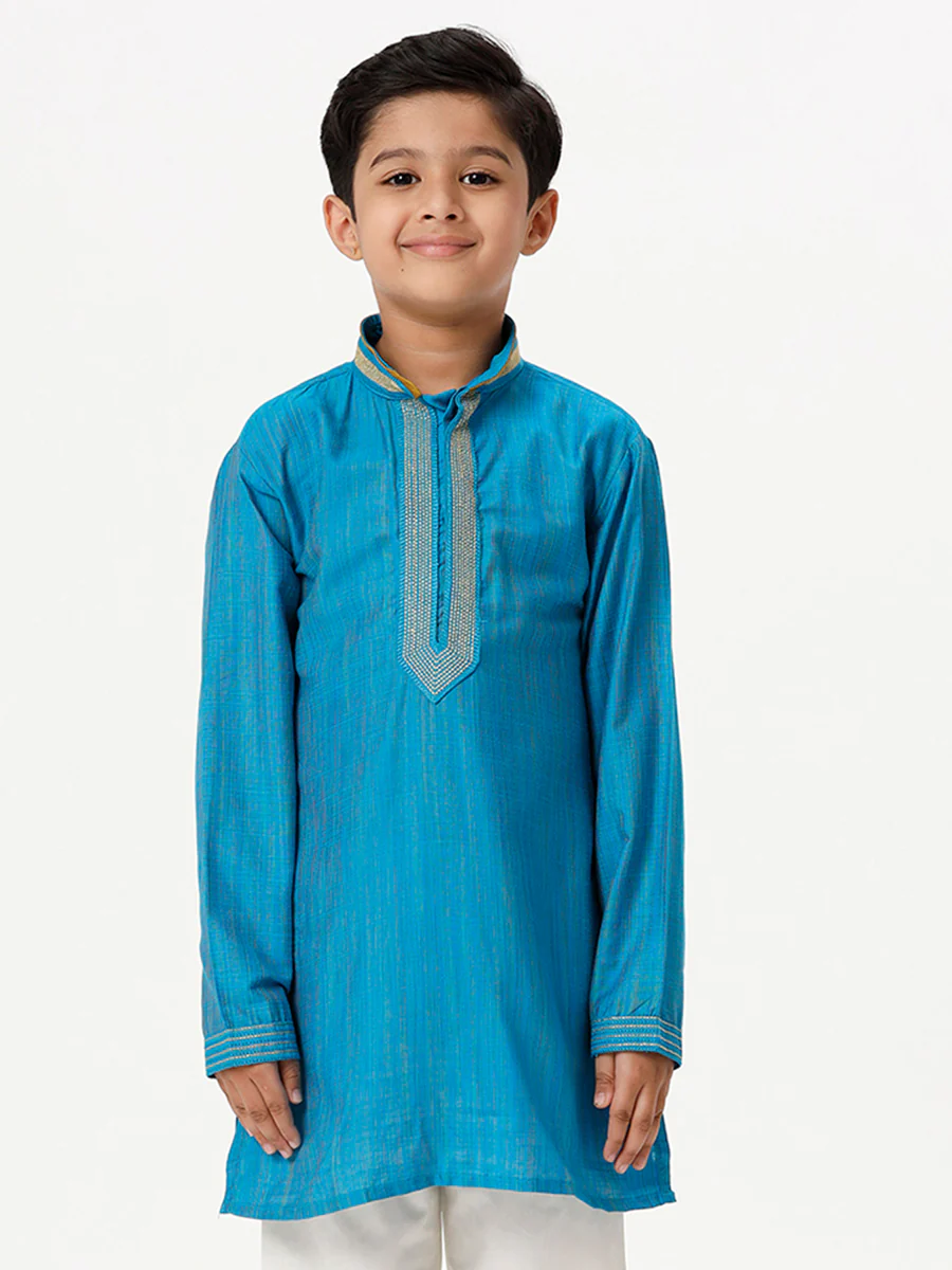 Boys Emerald Full Sleeves Sky Blue Kurta - Image 2