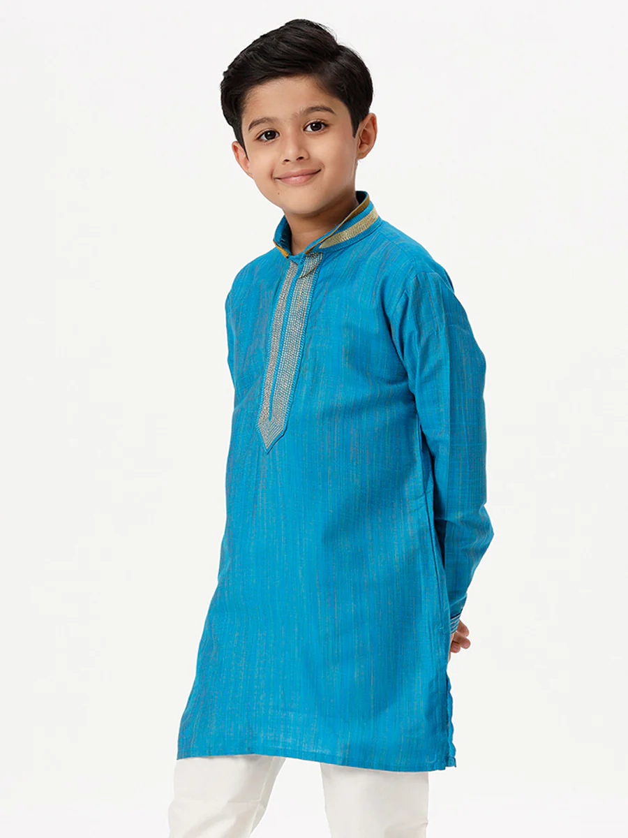 Boys Emerald Full Sleeves Sky Blue Kurta - Image 3
