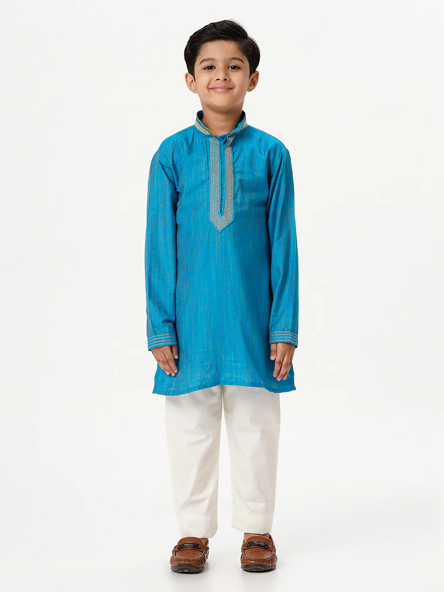Boys Emerald Full Sleeves Sky Blue Kurta - Image 6