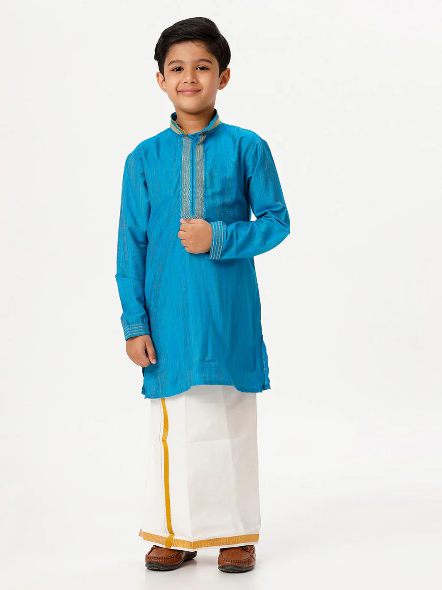 Boys Emerald Full Sleeves Sky Blue Kurta with Dhoti Combo - Image 2