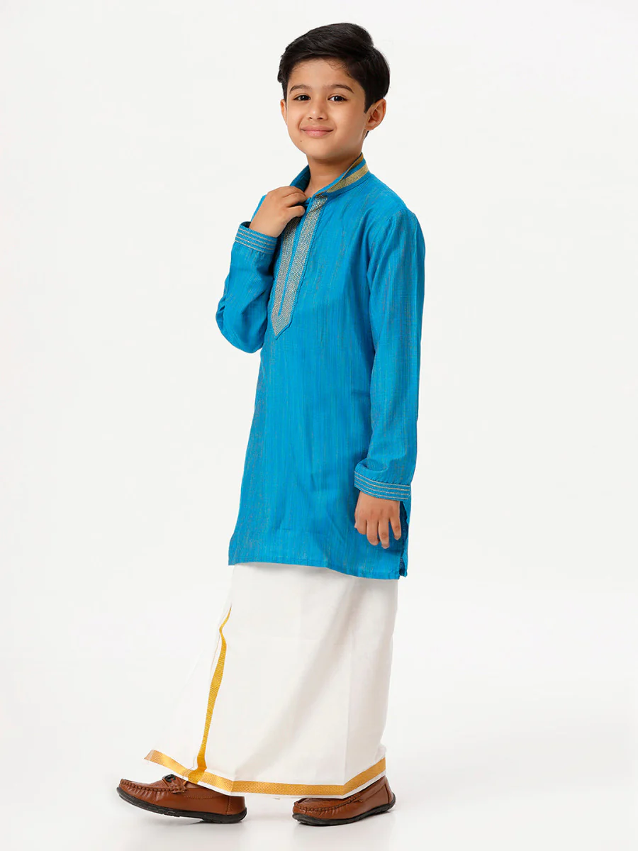 Boys Emerald Full Sleeves Sky Blue Kurta with Dhoti Combo - Image 3