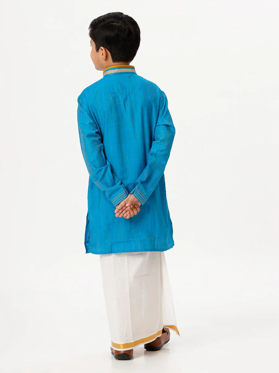 Boys Emerald Full Sleeves Sky Blue Kurta with Dhoti Combo - Image 5