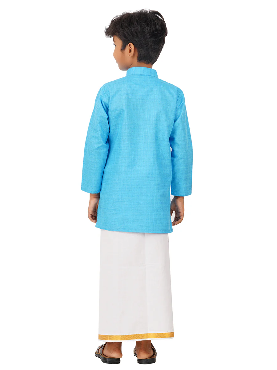 Boys Fantastic Kurta & White Dhoti Set Blue FS4 - Image 4
