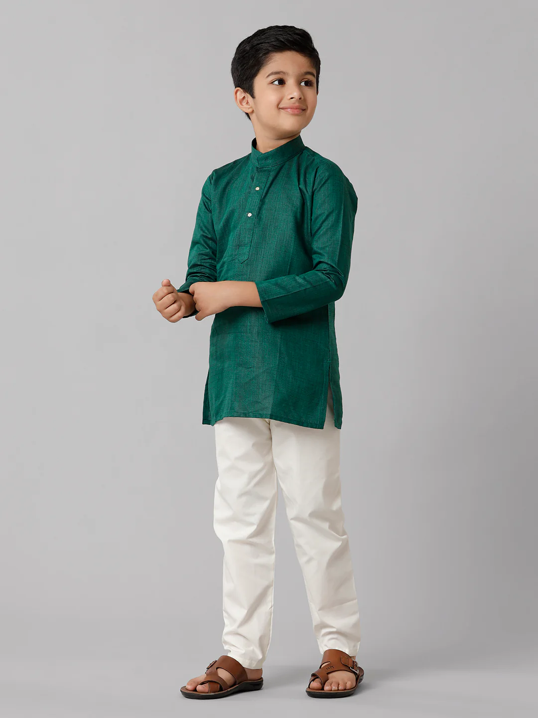 Boys Full Sleeves Dark Green Kurta with Cream Pyjama Pant Combo FS5 - Image 2