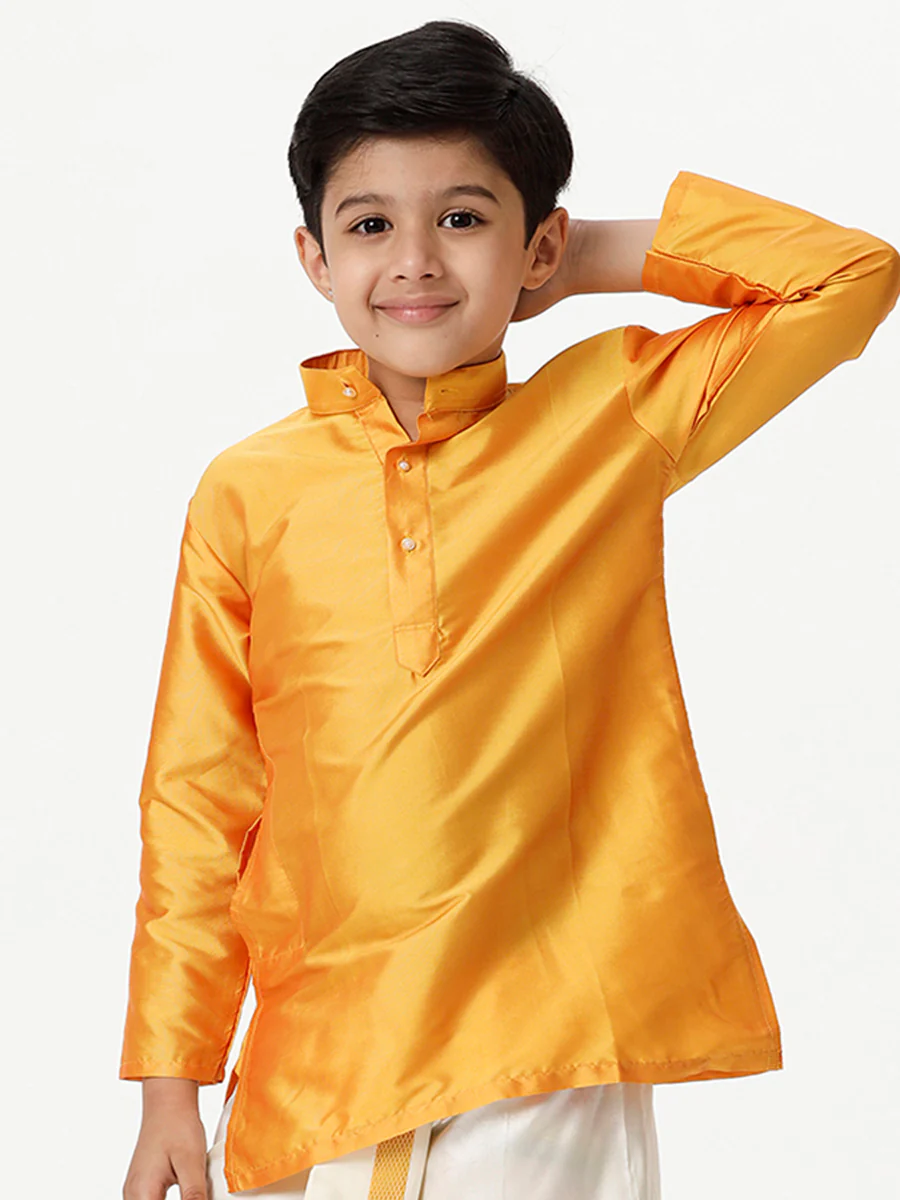 Boys Full Sleeves Golden Yellow Shiny Kurta K6 - Image 2