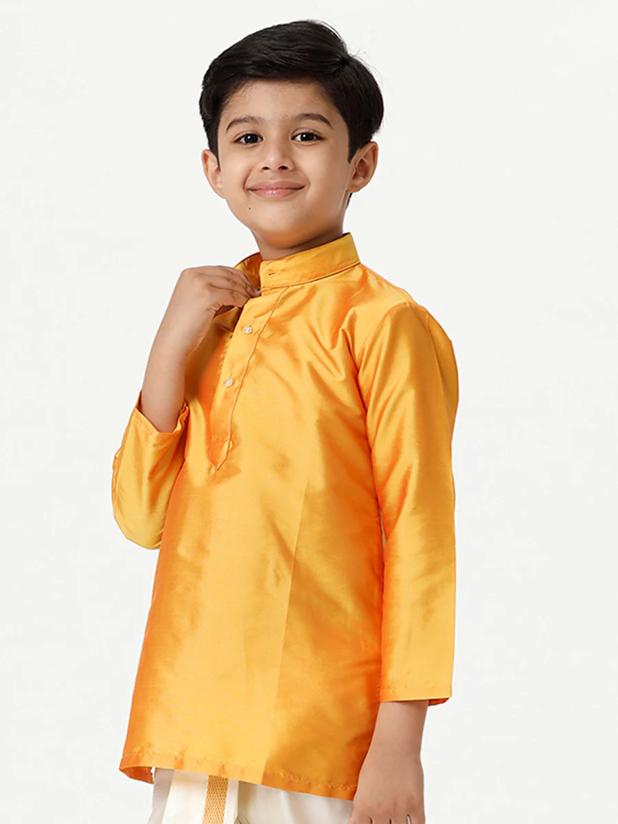 Boys Full Sleeves Golden Yellow Shiny Kurta K6 - Image 3
