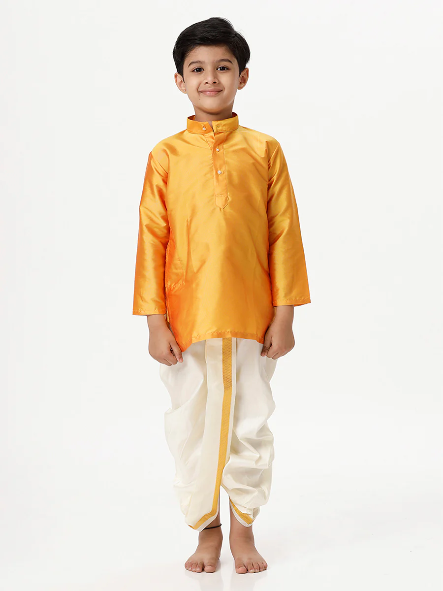 Boys Full Sleeves Golden Yellow Shiny Kurta K6 - Image 4