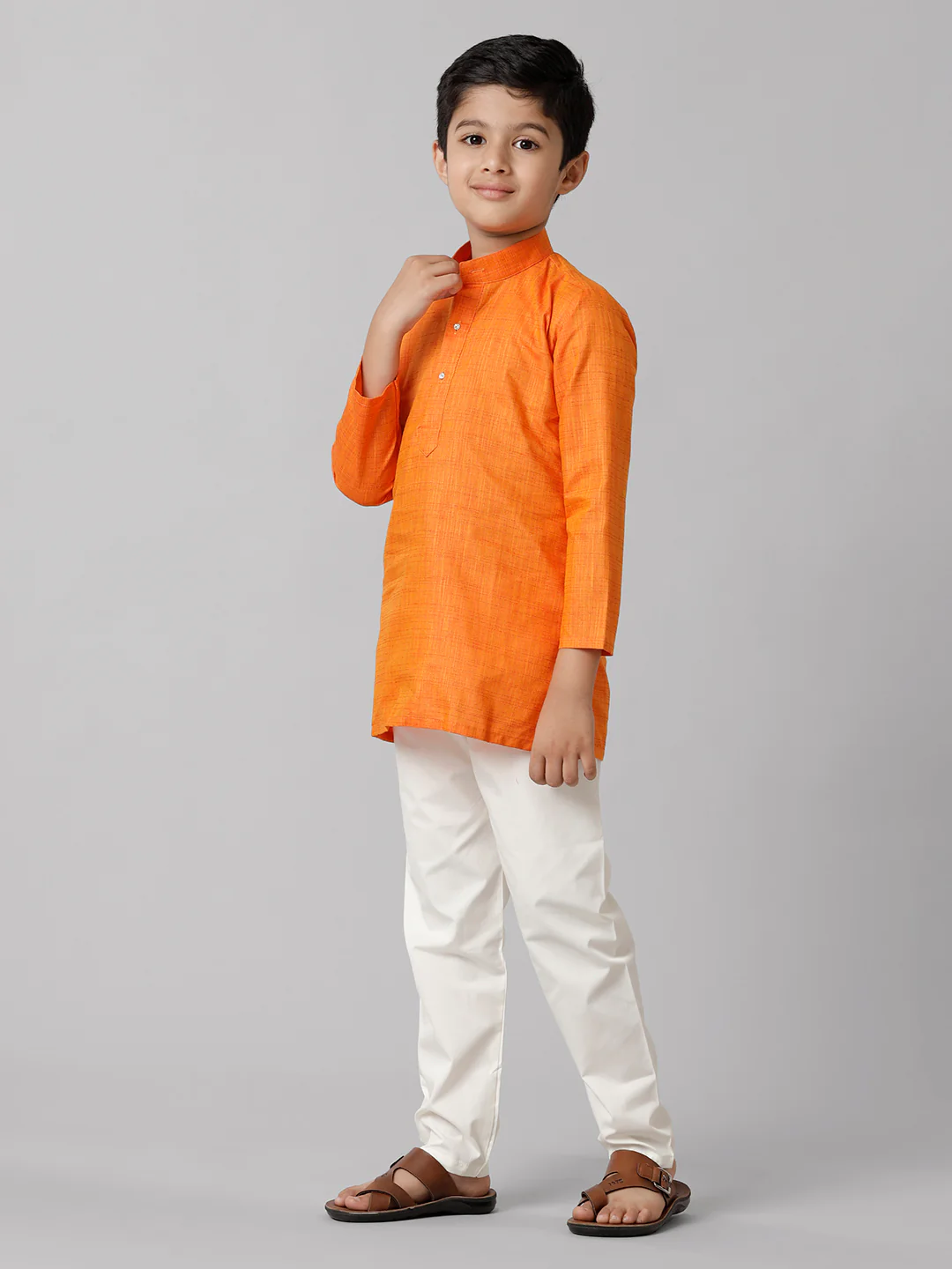 Boys Full Sleeves Orange Kurta with Cream Pyjama Pant Combo FS3 - Image 2