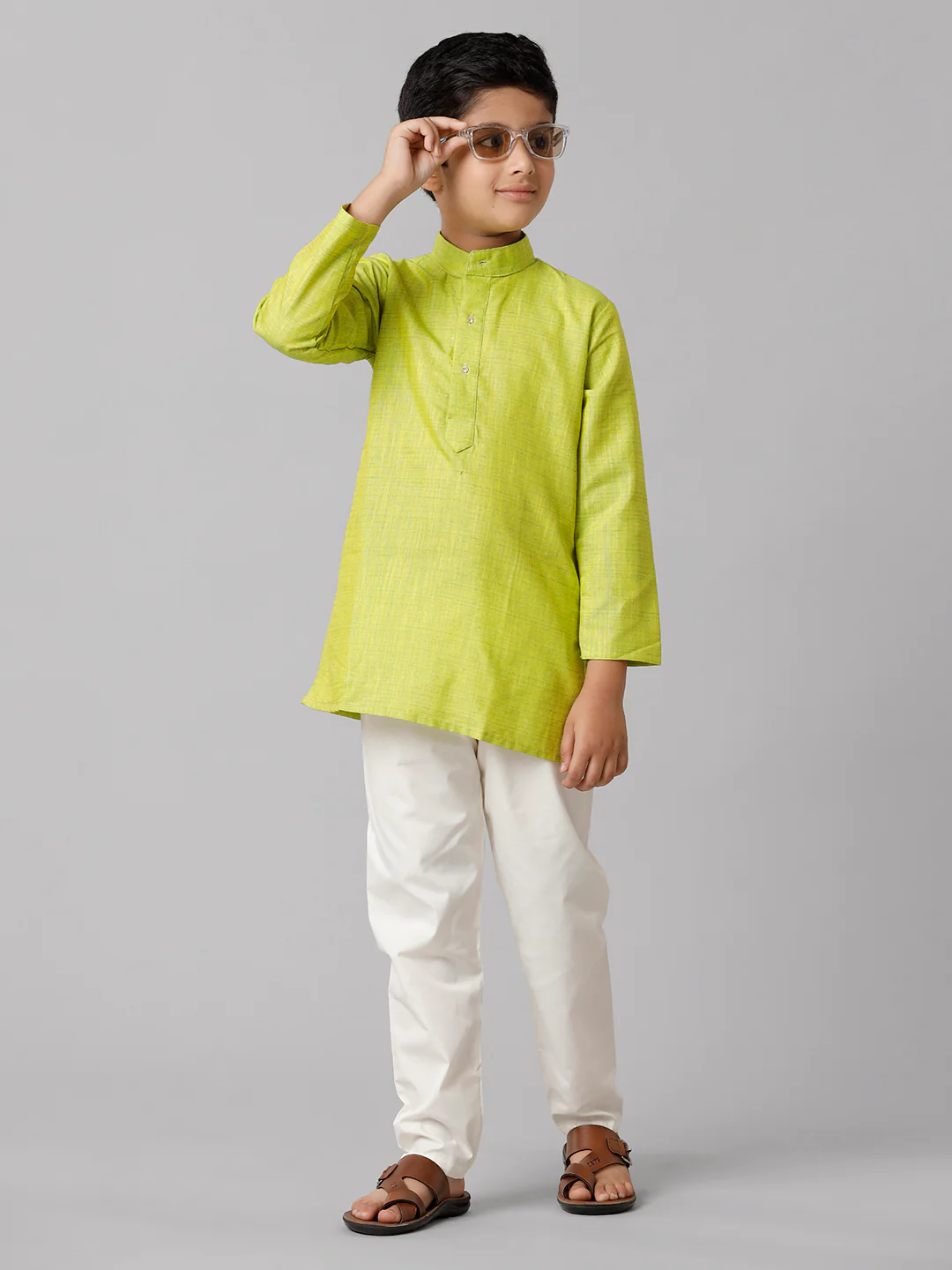 Boys Full Sleeves Parrot Green Kurta with Cream Pyjama Pant Combo FS2 - Image 2