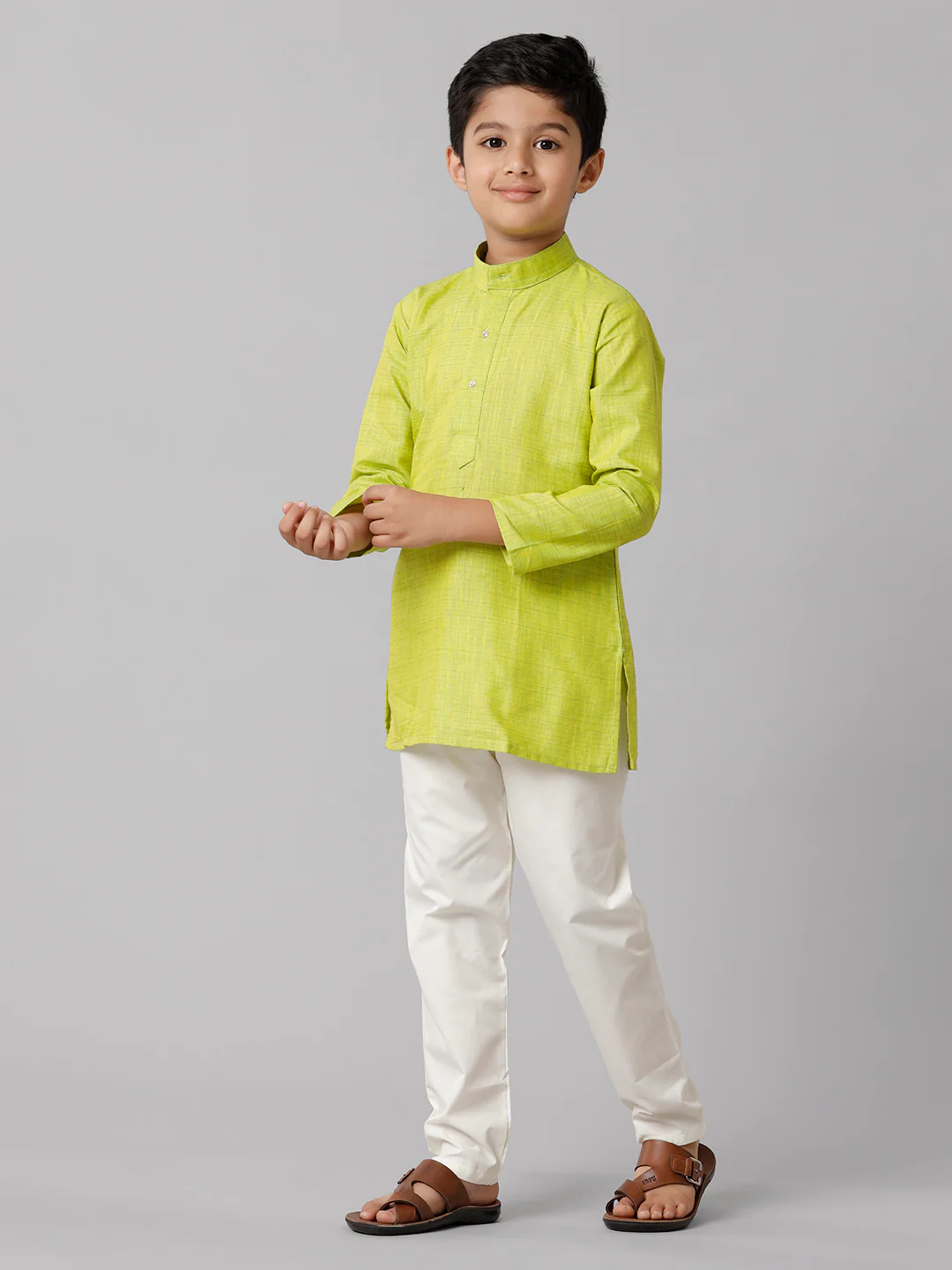 Boys Full Sleeves Parrot Green Kurta with Cream Pyjama Pant Combo FS2 - Image 3