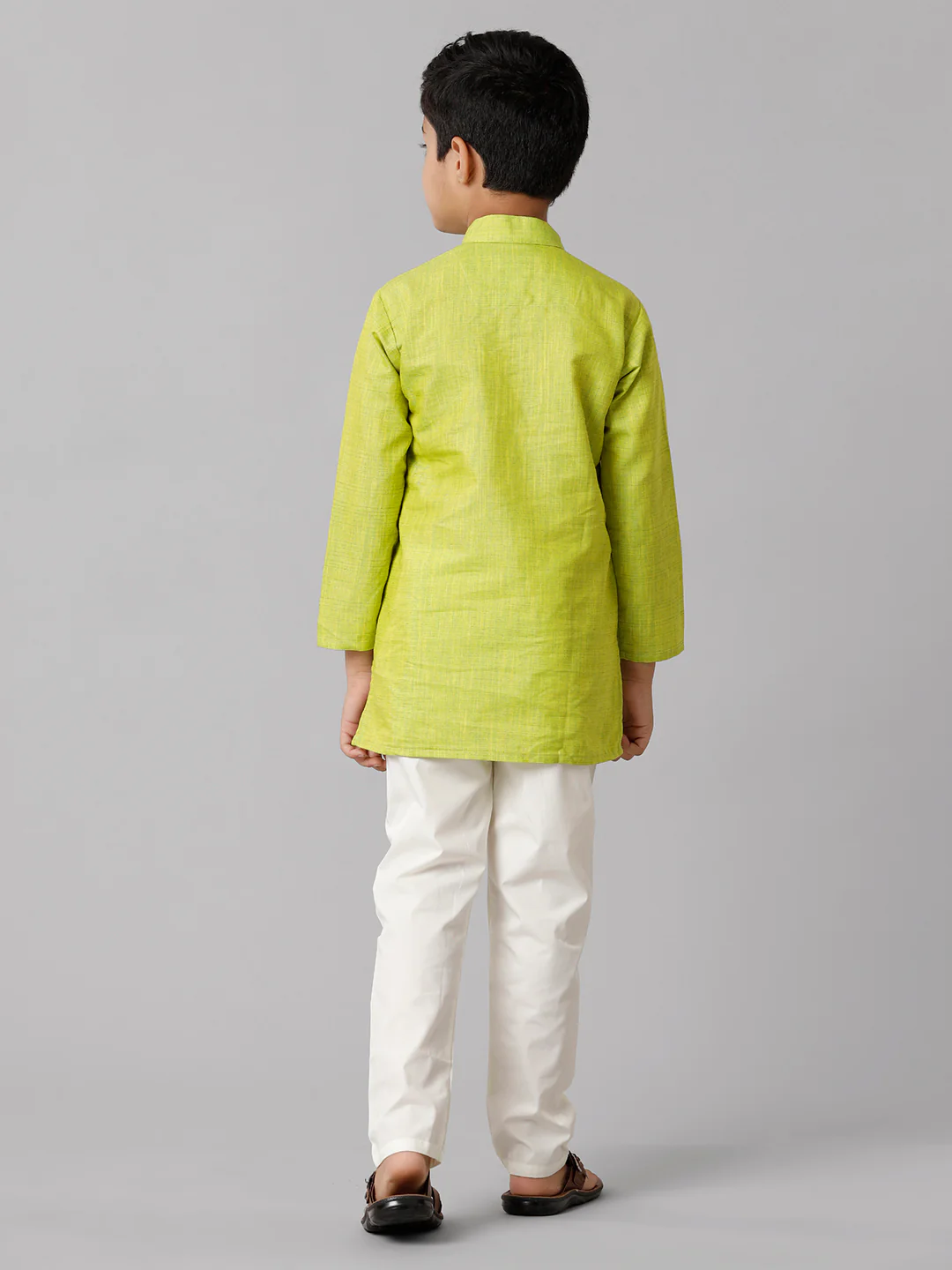 Boys Full Sleeves Parrot Green Kurta with Cream Pyjama Pant Combo FS2 - Image 4