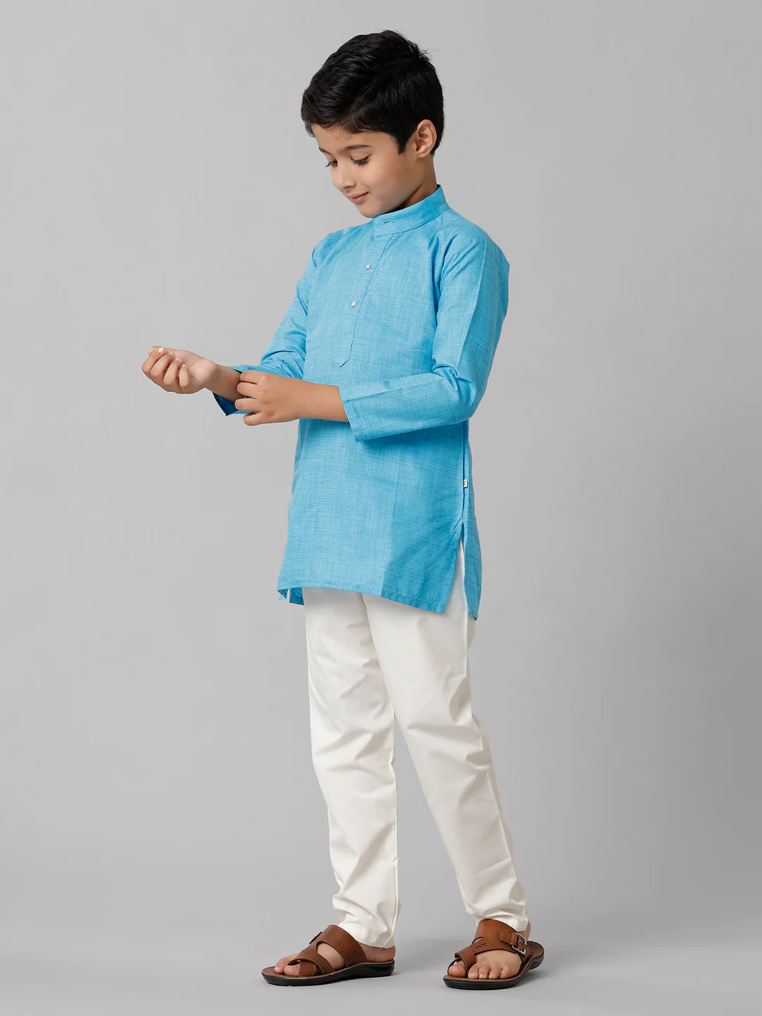 Boys Full Sleeves Sky Blue Kurta with Cream Pyjama Pant Combo FS4 - Image 2