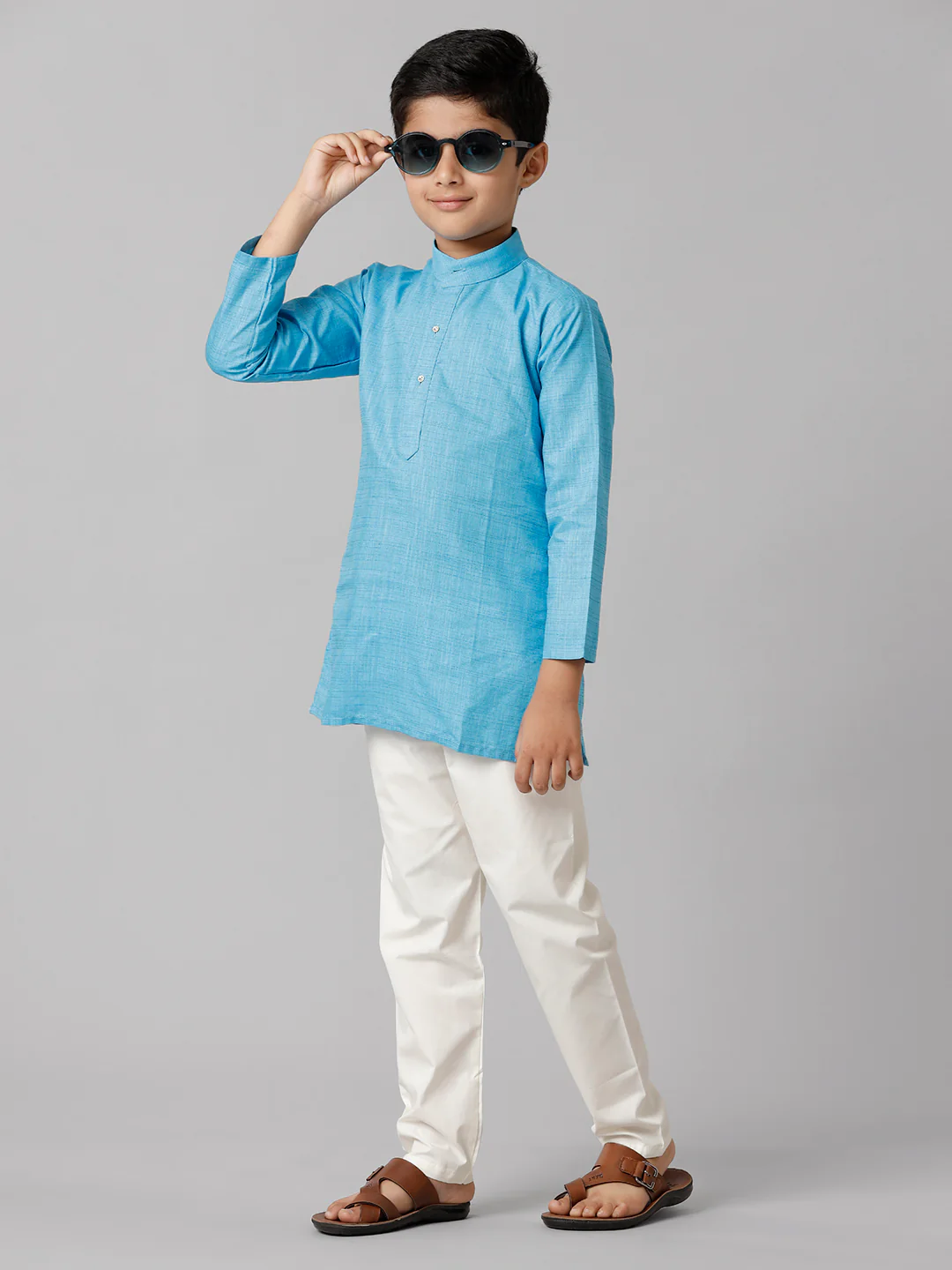Boys Full Sleeves Sky Blue Kurta with Cream Pyjama Pant Combo FS4 - Image 3