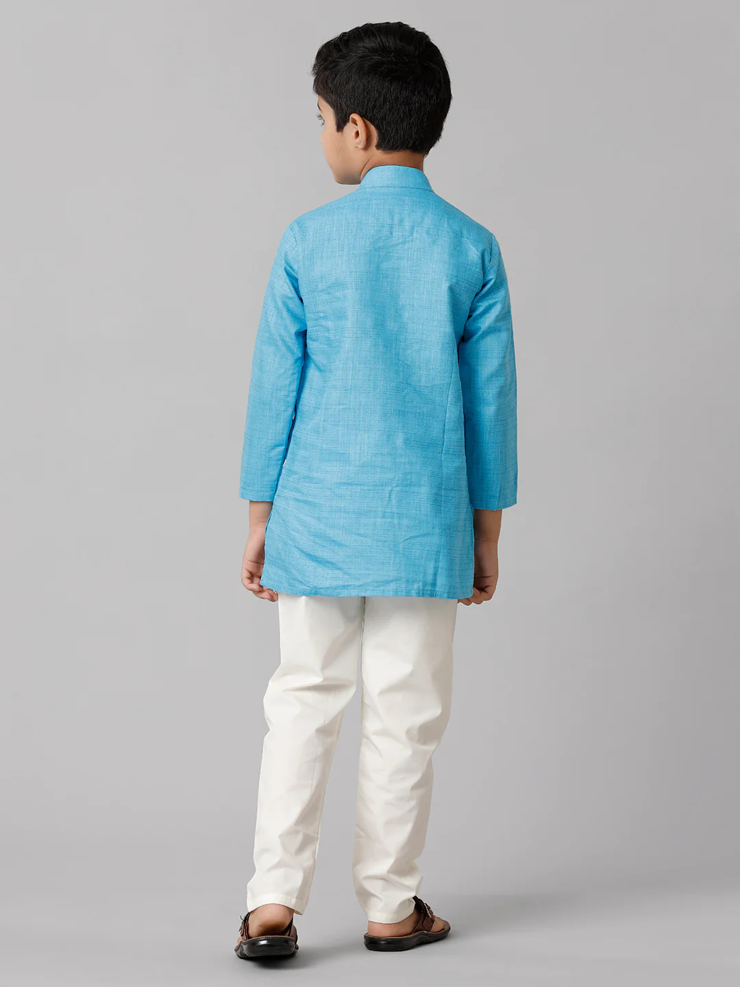 Boys Full Sleeves Sky Blue Kurta with Cream Pyjama Pant Combo FS4 - Image 4