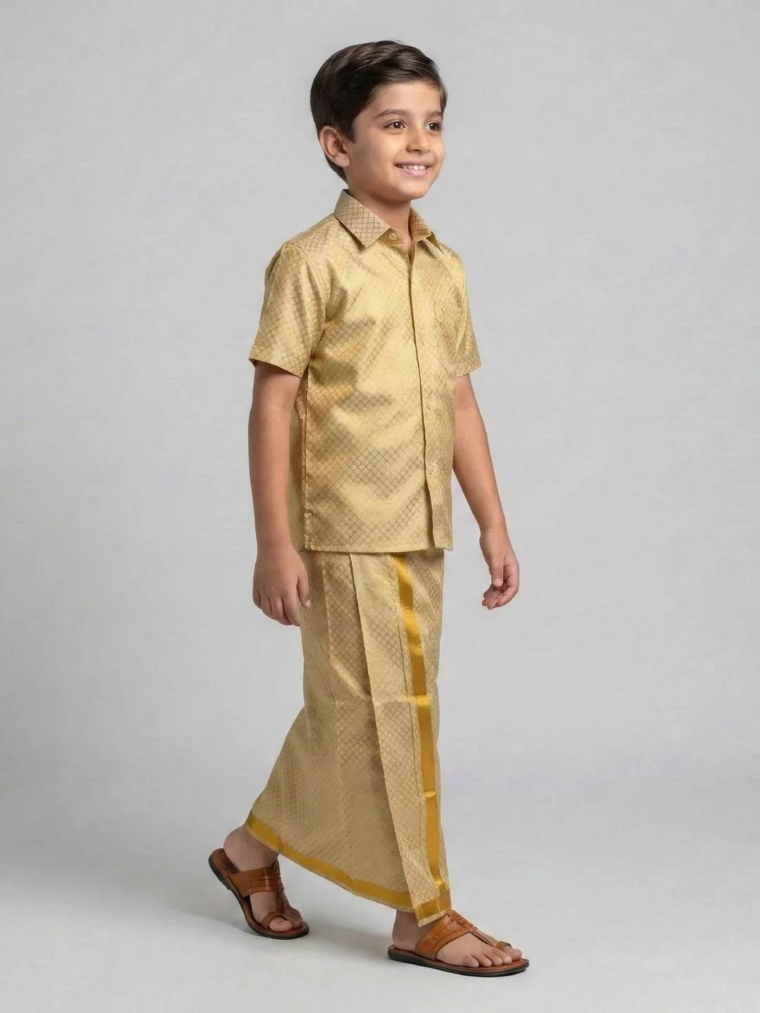 Boys Gold Tissue Jacquard Shirt with Matching Dhoti Set GDP3 - Image 2
