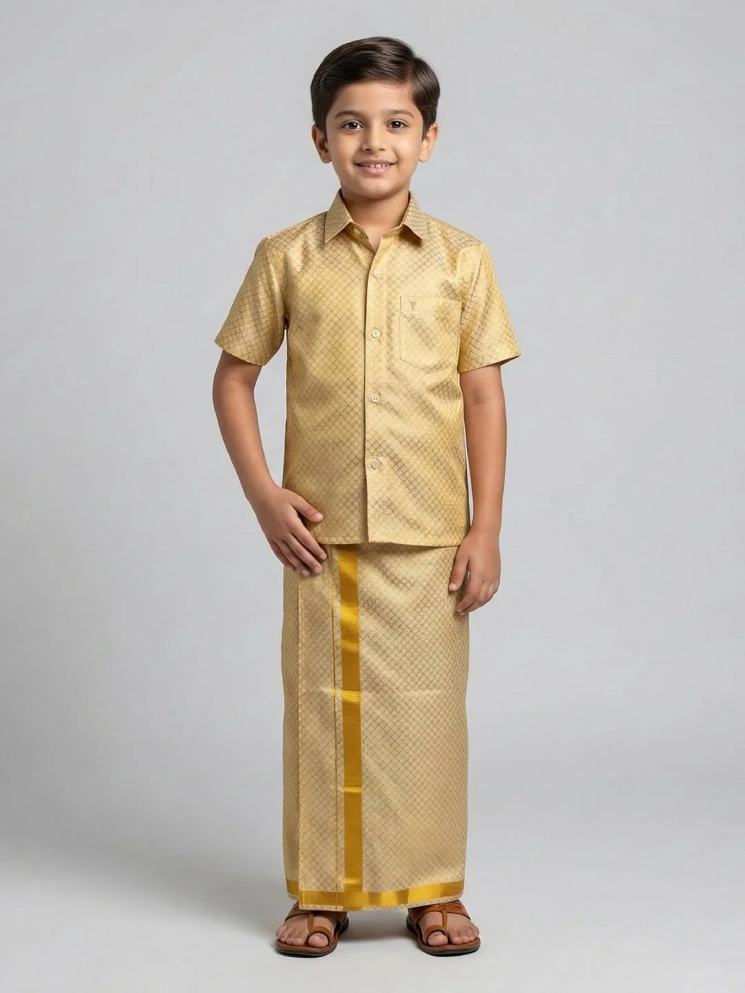 Boys Gold Tissue Jacquard Shirt with Matching Dhoti Set GDP3 - Image 6