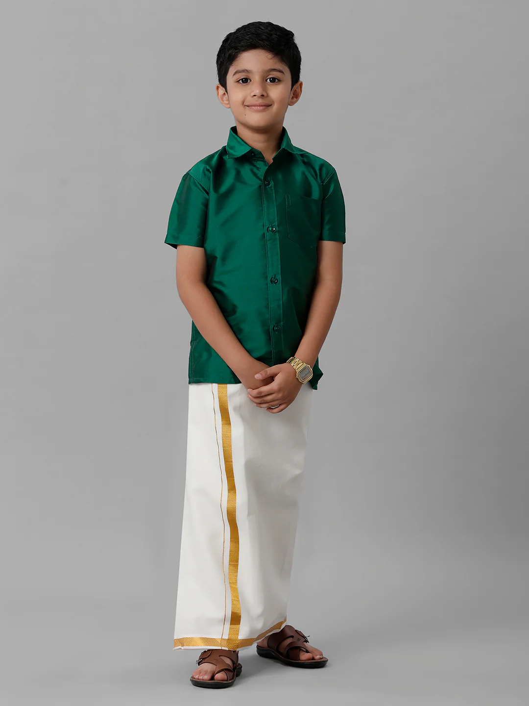 Boys Green Half Sleeves Shirt with Cream Dhoti Combo K9 - Image 2