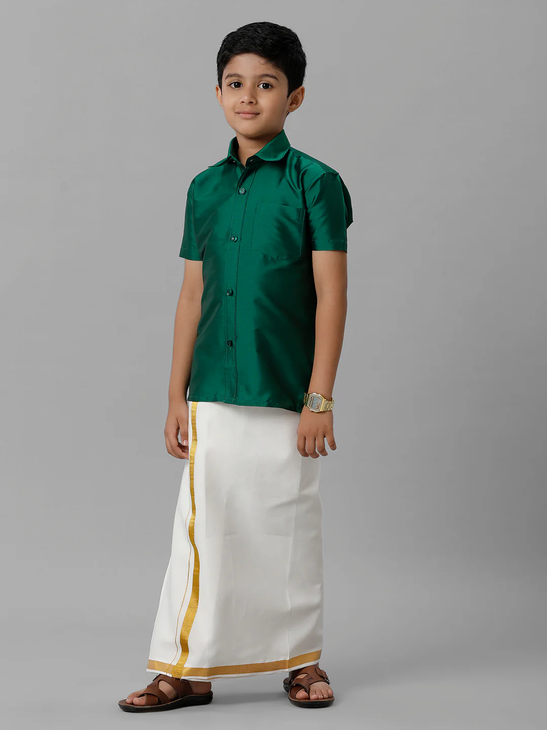 Boys Green Half Sleeves Shirt with Cream Dhoti Combo K9 - Image 3