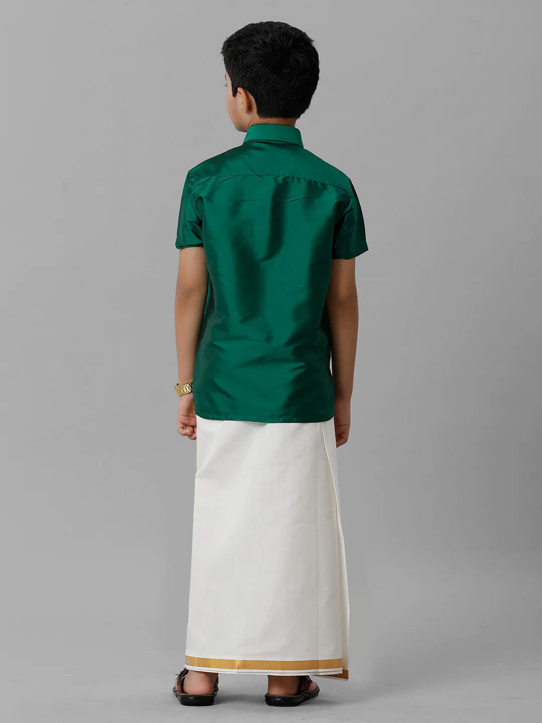 Boys Green Half Sleeves Shirt with Cream Dhoti Combo K9 - Image 4