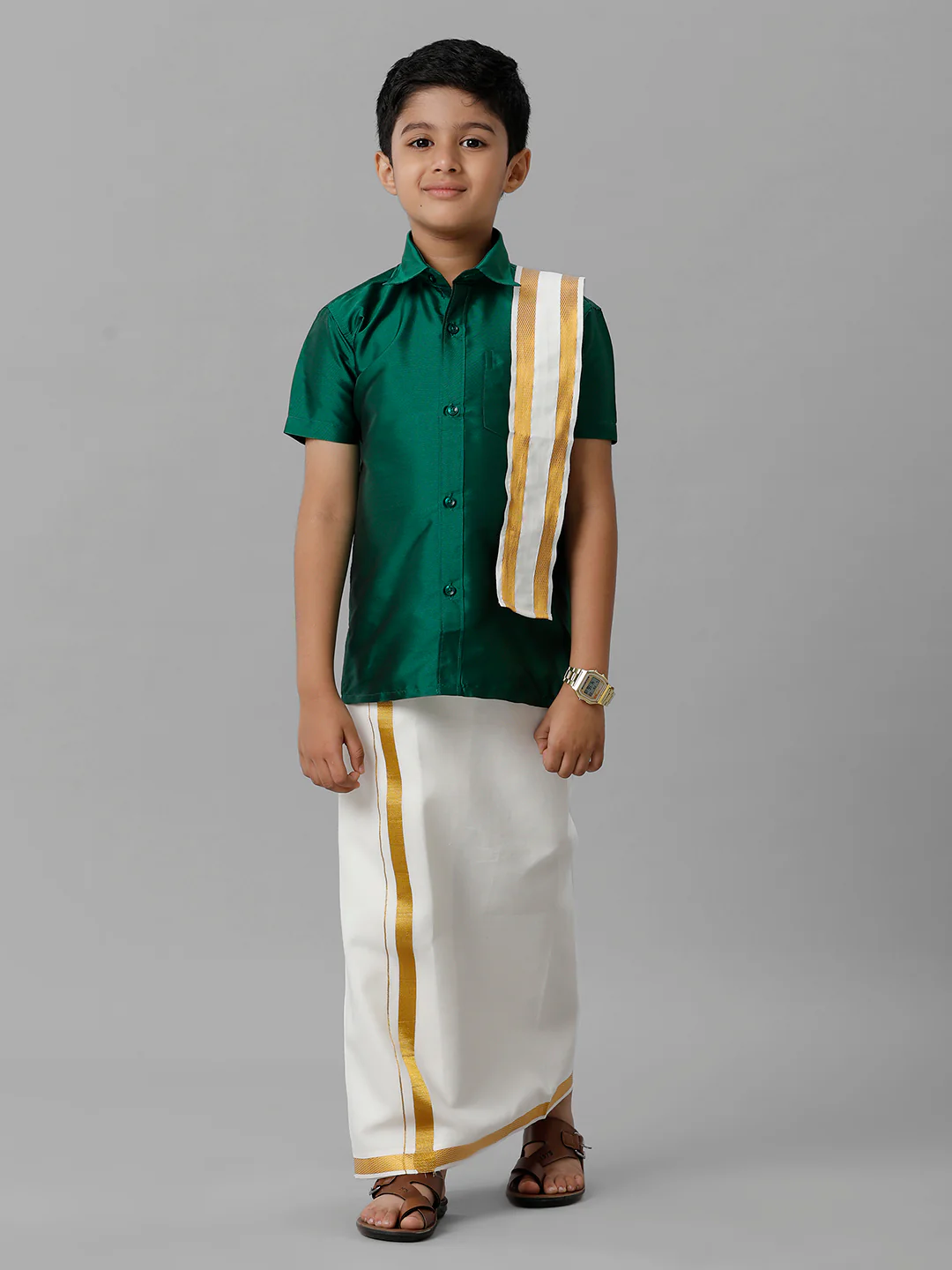 Boys Green Half Sleeves Shirt with Cream Dhoti Towel Combo K9 - Image 2