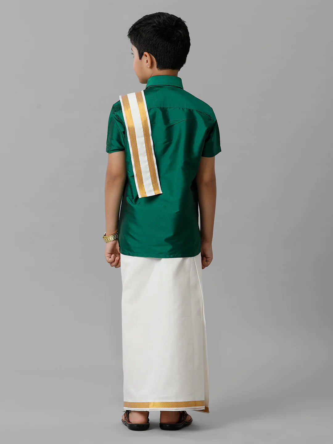 Boys Green Half Sleeves Shirt with Cream Dhoti Towel Combo K9 - Image 3