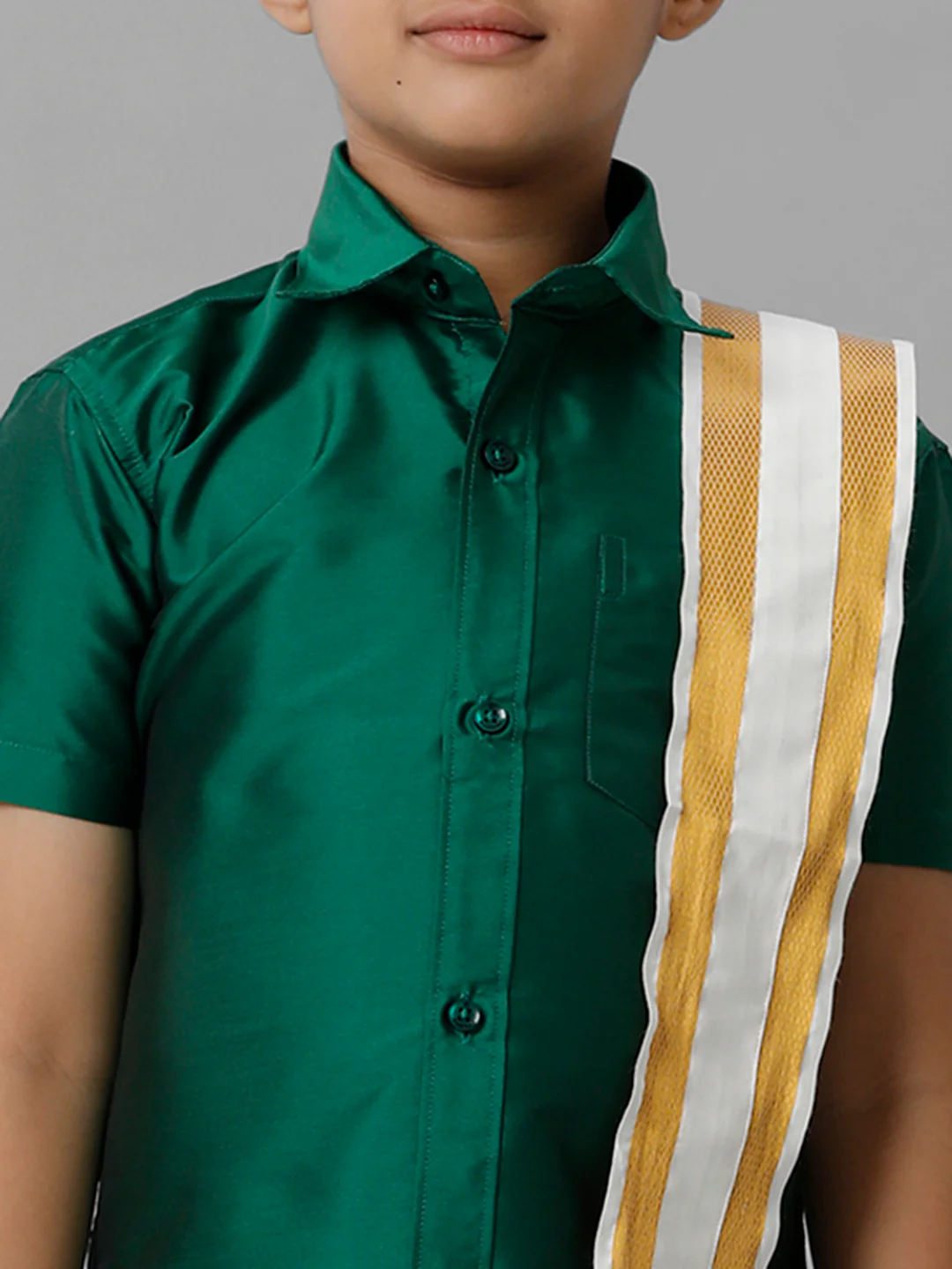 Boys Green Half Sleeves Shirt with Cream Dhoti Towel Combo K9 - Image 4
