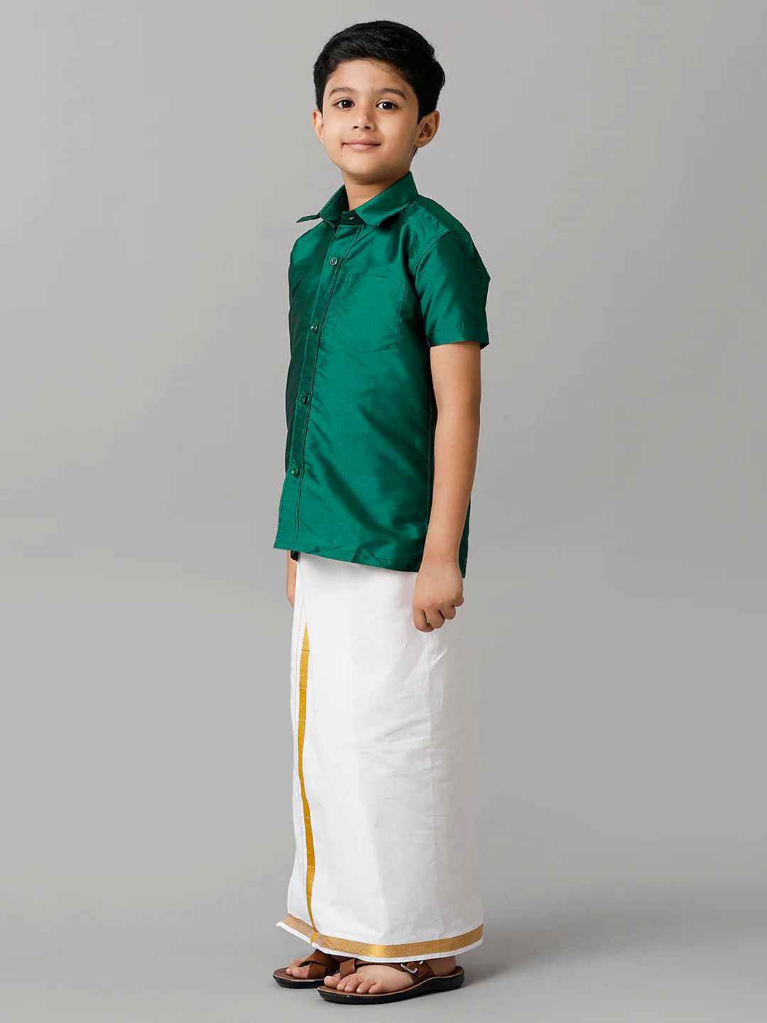 Boys Green Half Sleeves Shirt with White Dhoti Combo K9 - Image 2
