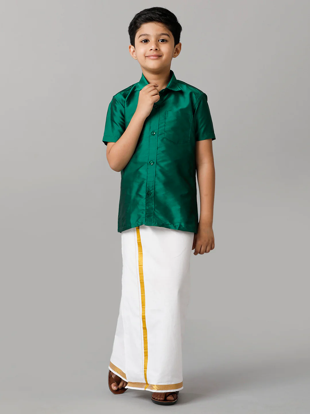 Boys Green Half Sleeves Shirt with White Dhoti Combo K9 - Image 3