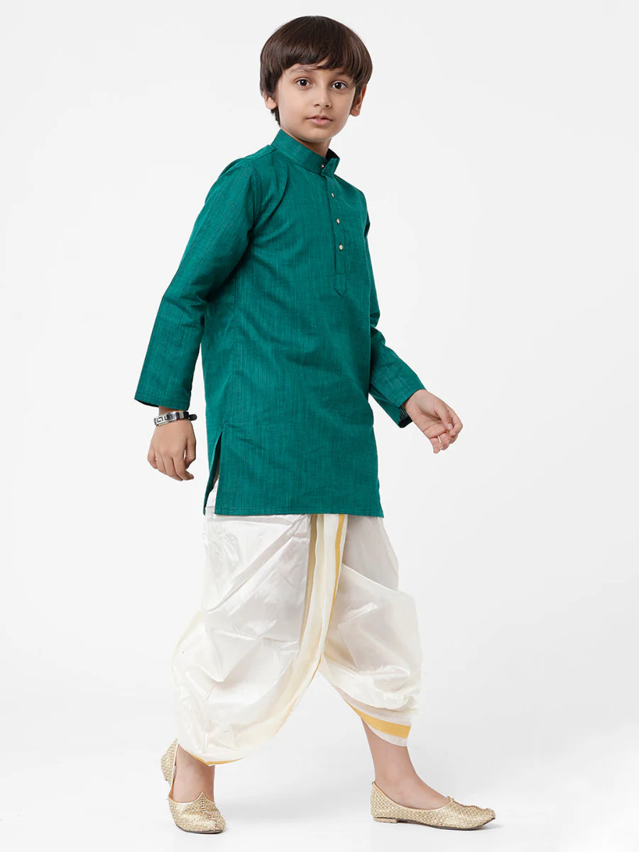 Boys Green Kurta & Art Silk Cream Panchakacham Set - Image 2