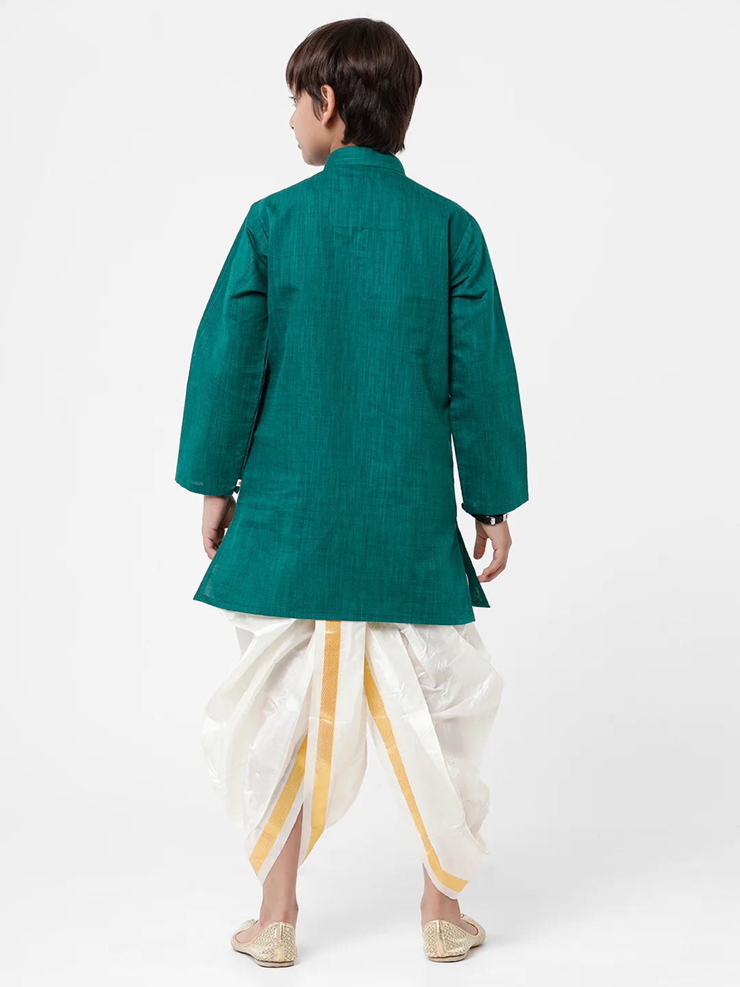 Boys Green Kurta & Art Silk Cream Panchakacham Set - Image 4