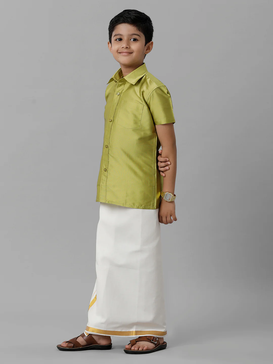 Boys Lemon Green Half Sleeves Shirt with Cream Dhoti Combo K44 - Image 2