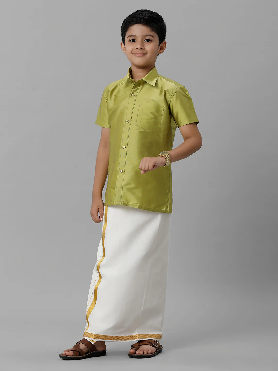 Boys Lemon Green Half Sleeves Shirt with Cream Dhoti Combo K44 - Image 3