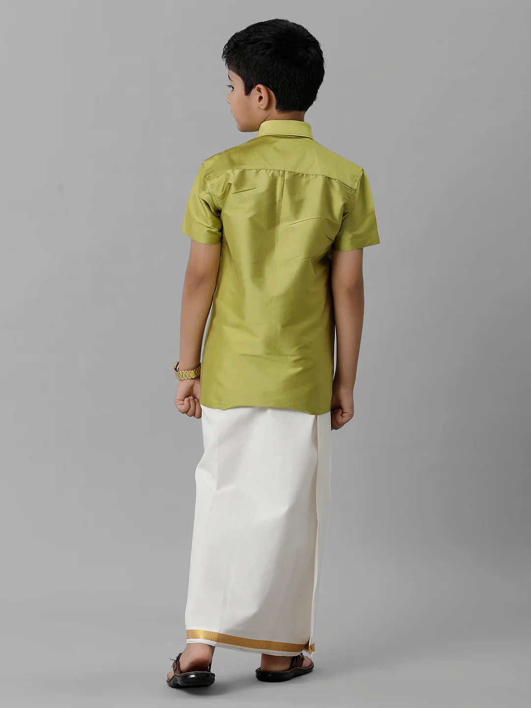 Boys Lemon Green Half Sleeves Shirt with Cream Dhoti Combo K44 - Image 4