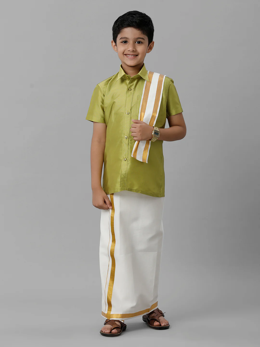Boys Lemon Green Half Sleeves Shirt with Cream Dhoti Towel Combo K44 - Image 2