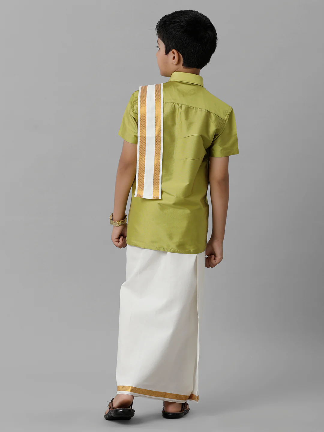 Boys Lemon Green Half Sleeves Shirt with Cream Dhoti Towel Combo K44 - Image 3