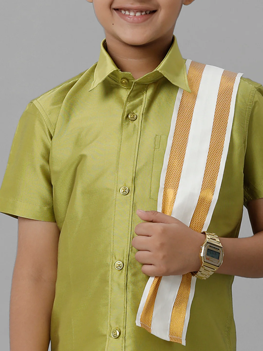 Boys Lemon Green Half Sleeves Shirt with Cream Dhoti Towel Combo K44 - Image 4