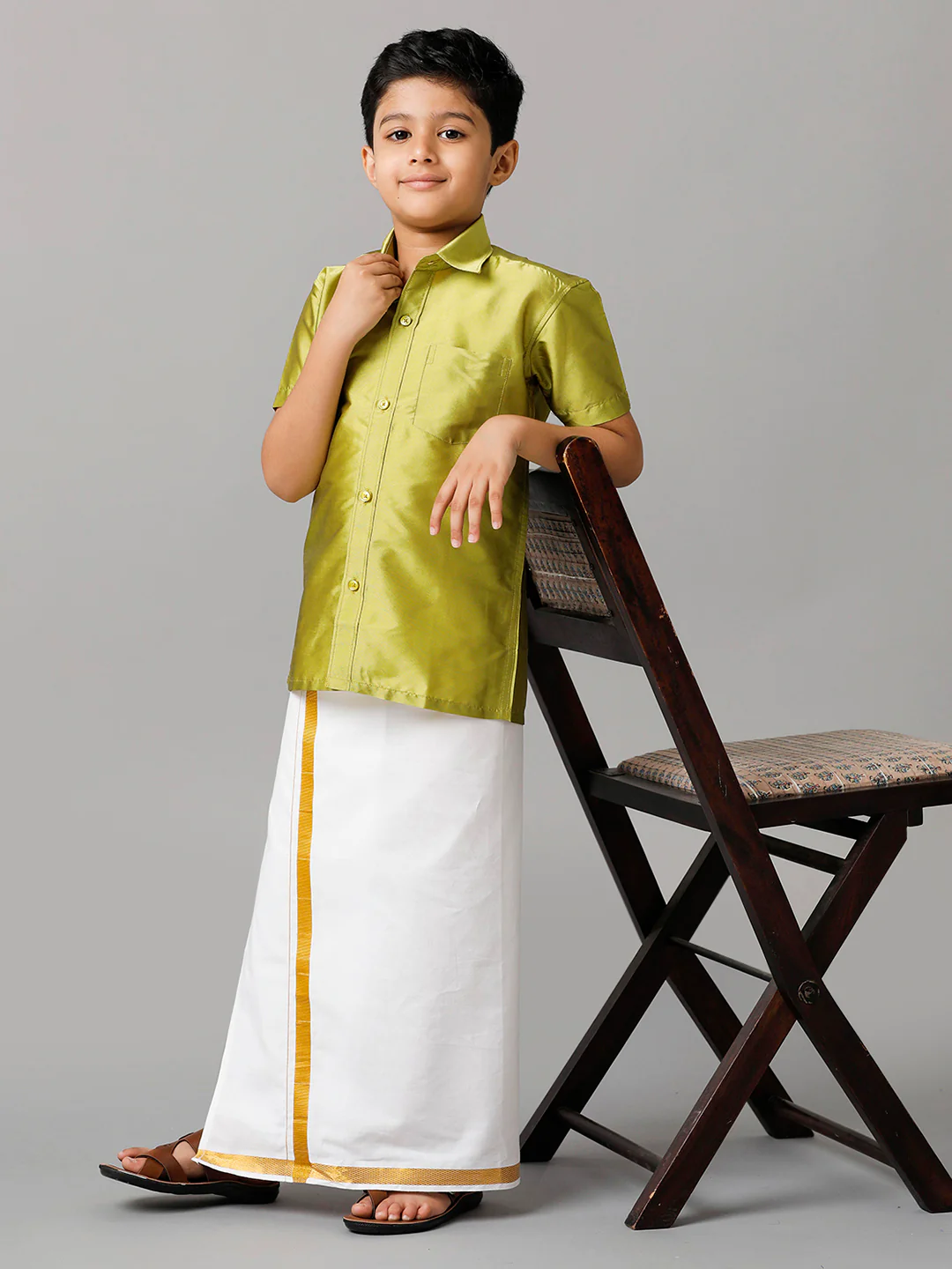 Boys Lemon Green Half Sleeves Shirt with White Dhoti Combo K44 - Image 2