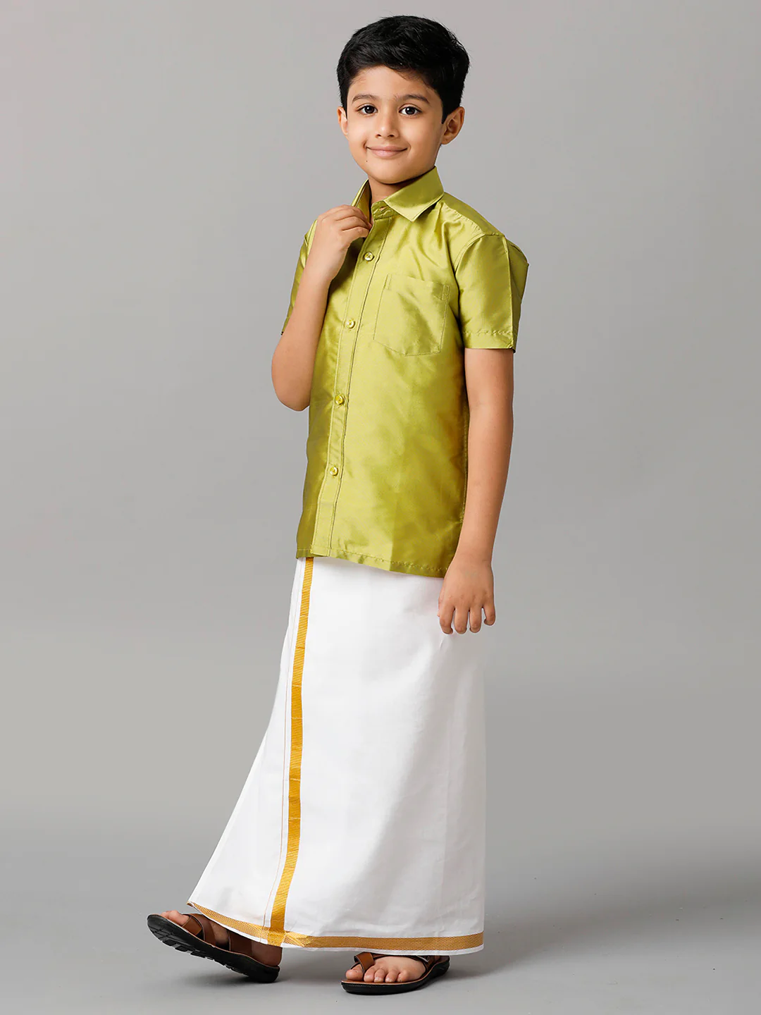 Boys Lemon Green Half Sleeves Shirt with White Dhoti Combo K44 - Image 3