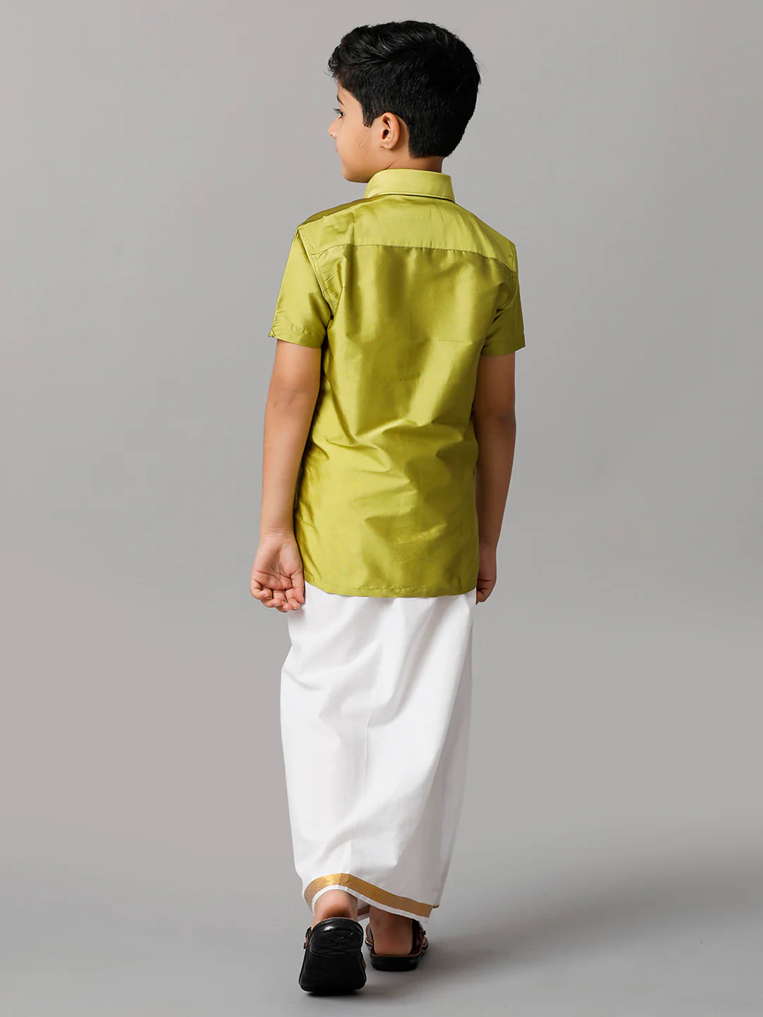 Boys Lemon Green Half Sleeves Shirt with White Dhoti Combo K44 - Image 4