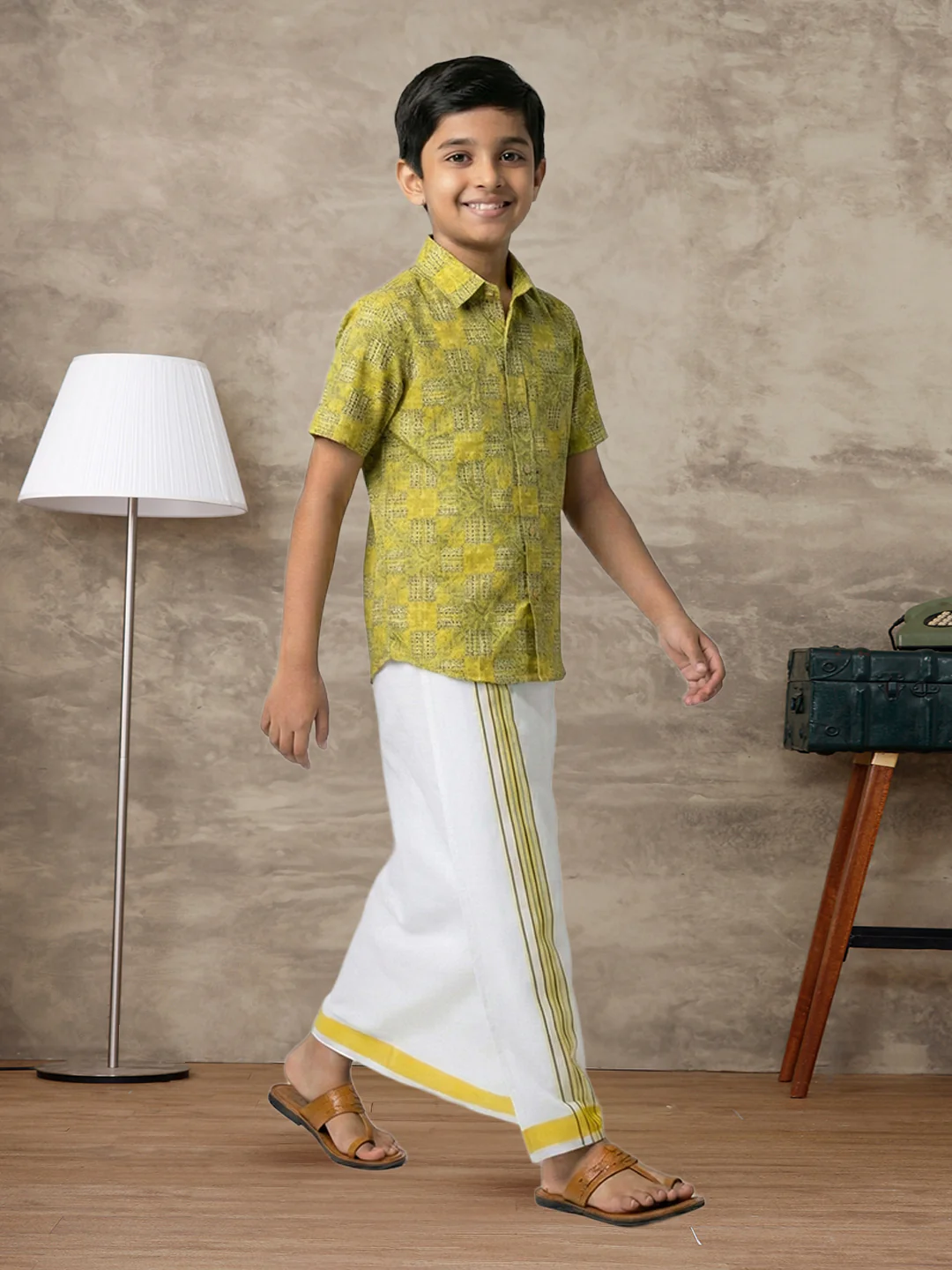 Boys Lemon Yellow Matching Border Dhoti With Printed Shirt Set Fusion PS29 - Image 2