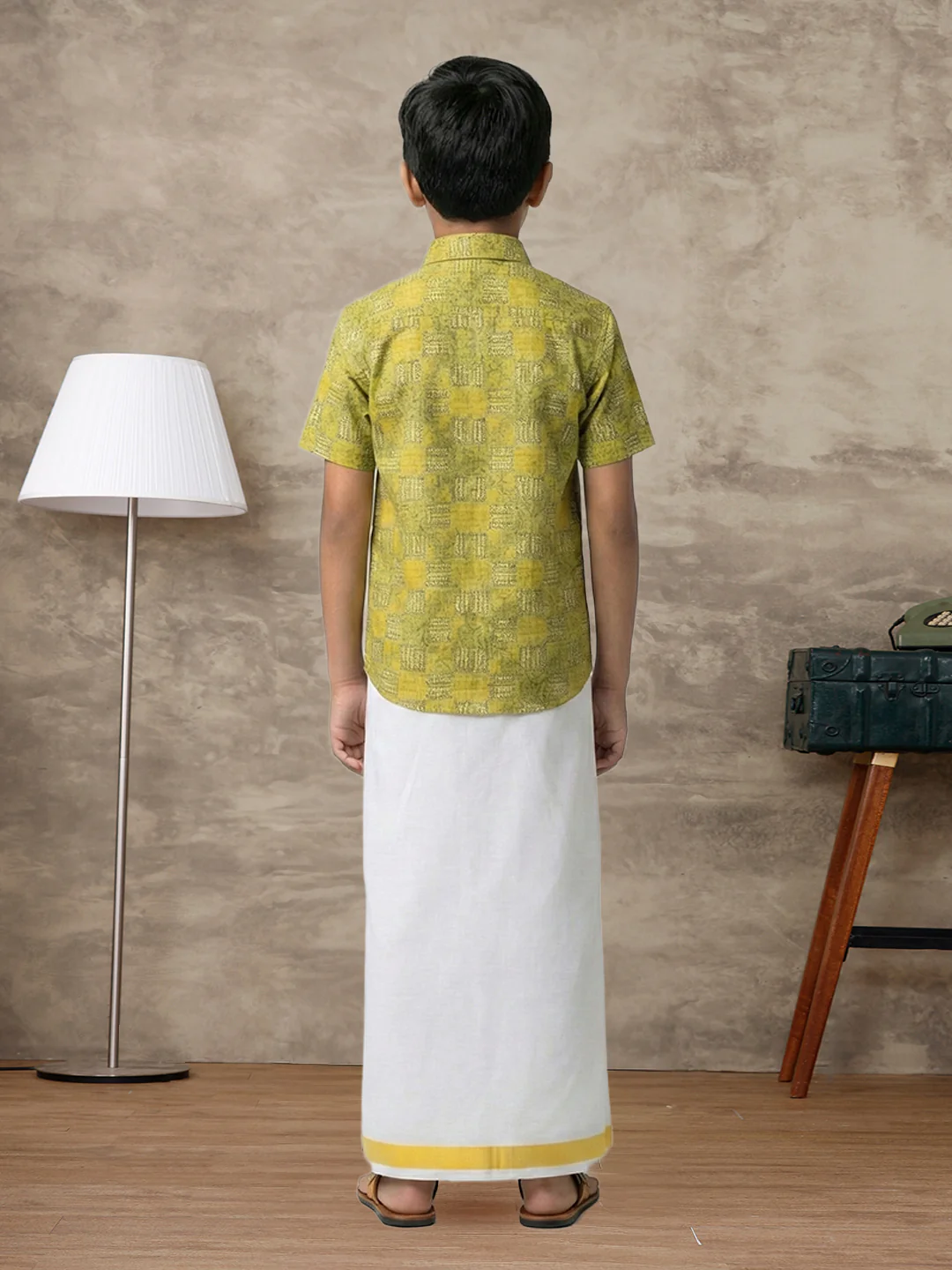 Boys Lemon Yellow Matching Border Dhoti With Printed Shirt Set Fusion PS29 - Image 3