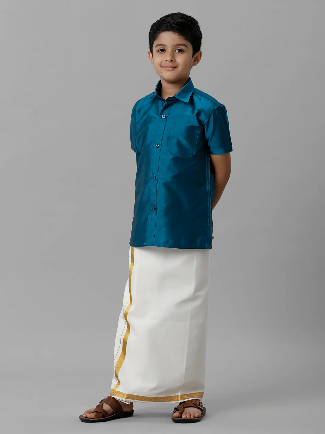 Boys Light Blue Half Sleeves Shirt with Cream Dhoti Combo K1 - Image 3