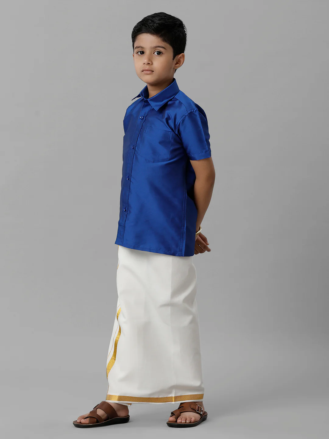 Boys Light Blue Half Sleeves Shirt with Cream Dhoti Combo K5 - Image 3