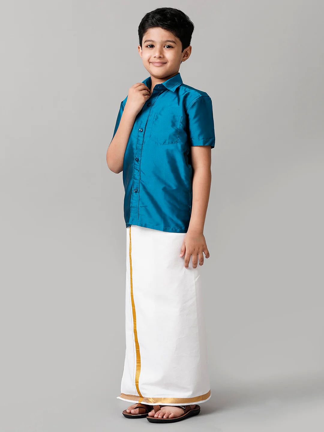 Boys Light Blue Half Sleeves Shirt with White Dhoti Combo K1 - Image 3