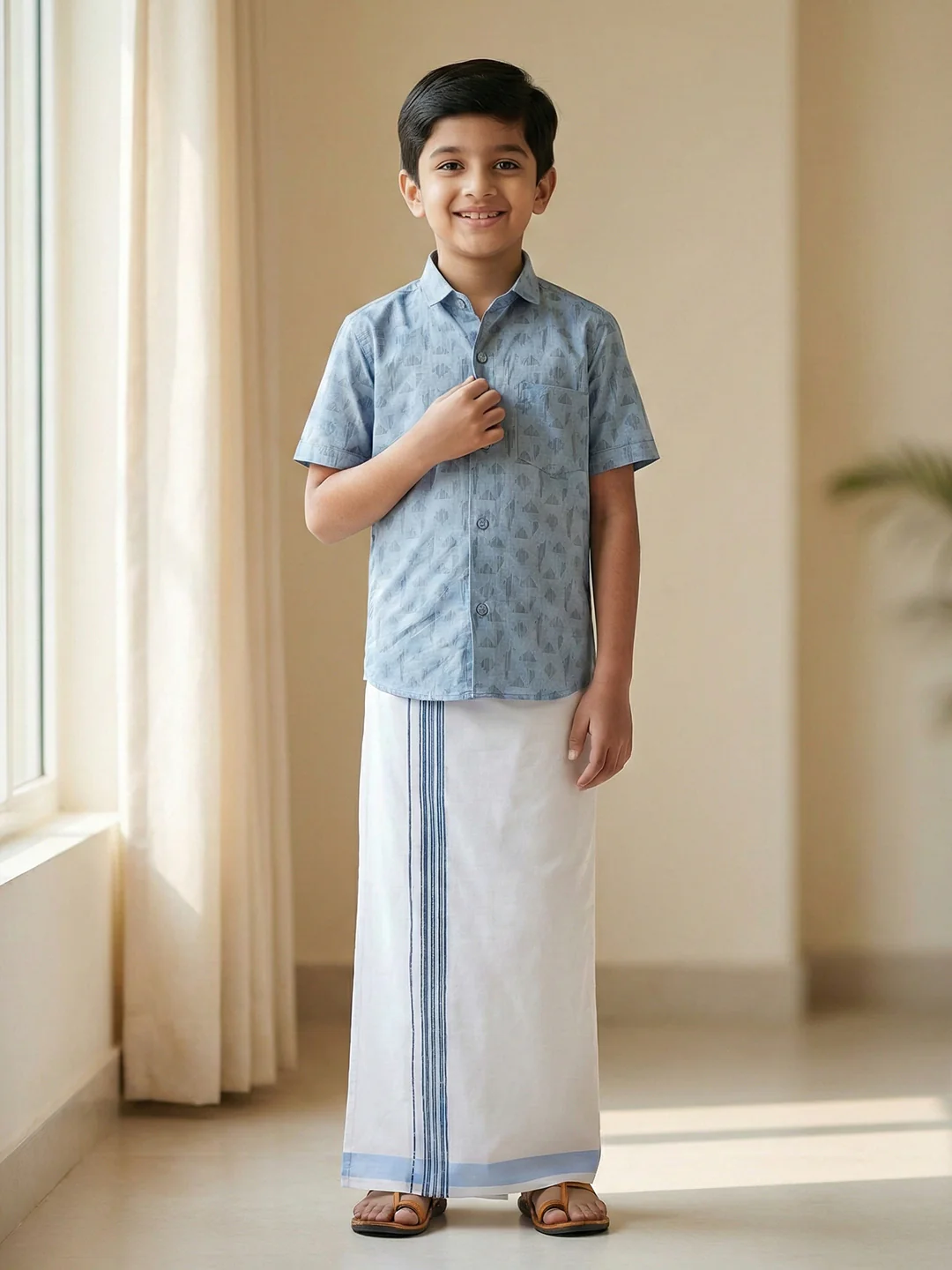 Boys Light Blue Matching Border Dhoti With Printed Shirt Set Fusion PS23 - Image 2