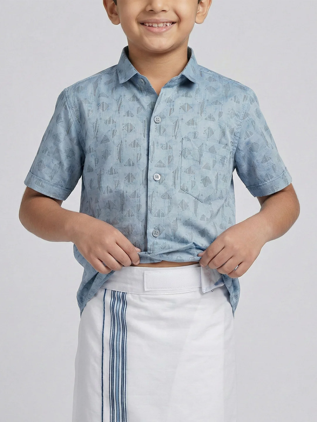 Boys Light Blue Matching Border Dhoti With Printed Shirt Set Fusion PS23 - Image 6