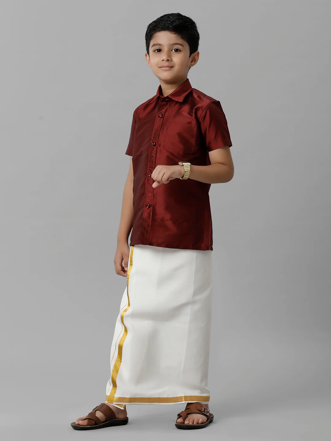 Boys Maroon Half Sleeves Shirt with Cream Dhoti Combo K7 - Image 2